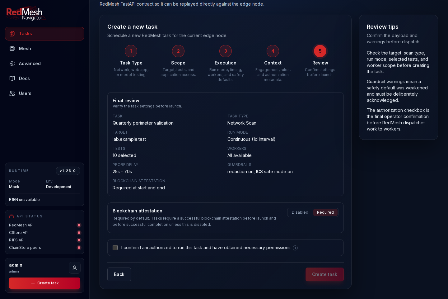 RedMesh Navigator lab task review showing scope and authorization controls