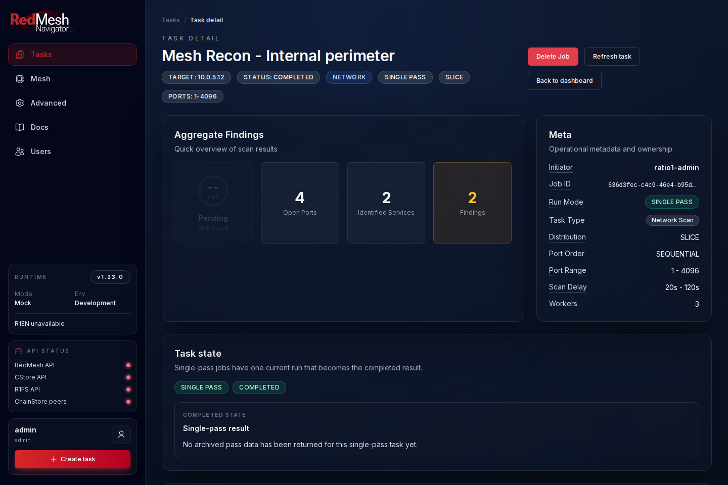 RedMesh Navigator lab task detail showing findings and worker state